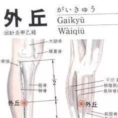 外丘穴：坐骨神经痛、下肢麻痹、脚气等